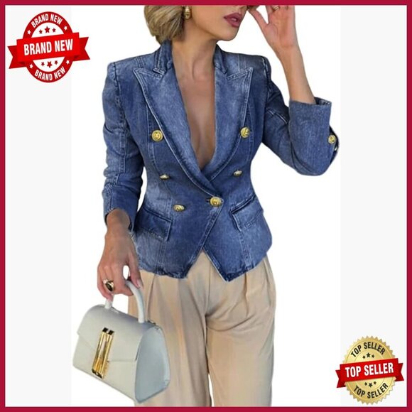 Jackets & Blazers - Slim Fit Denim Blazer Long Sleeve Double Breasted Notched Lapel Jacket